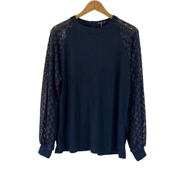 Miholl NWT Navy Blue Blouse Plus XXL Long Lace Eyelet Sleeves Waffle Knit Zipper - Picture 1 of 9